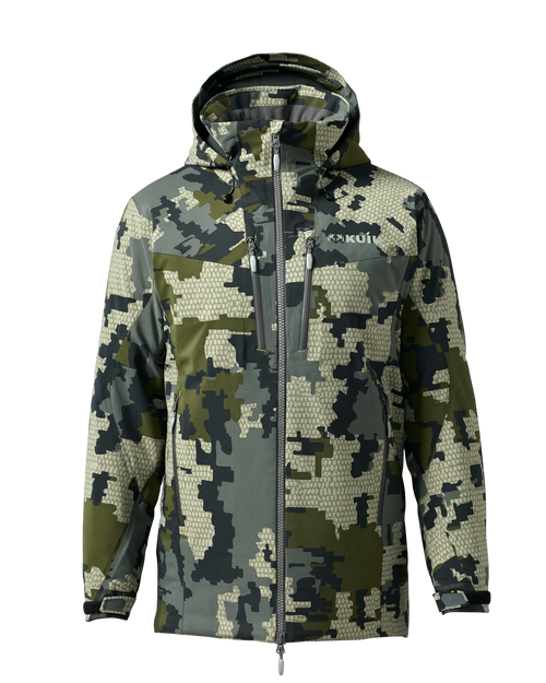 Front of Kutana Gale Force Hooded Jacket in Verde Camouflage