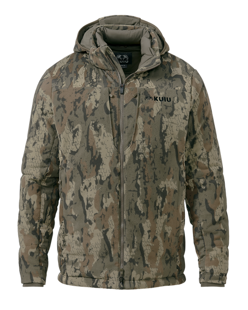 Front of Super Down Haven Hooded Jacket in Veros Camouflage