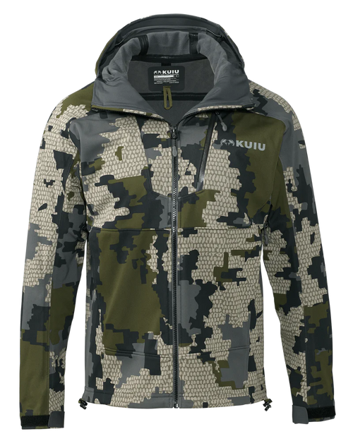 Front of Axis Hybrid Hooded Jacket in Verde Camouflage