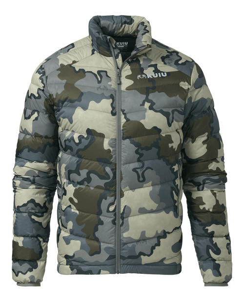 Front of Super Down LT Jacket in Vias Camouflage