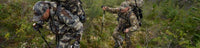 Hunters backpacking and trekking up a brushy mountain trail