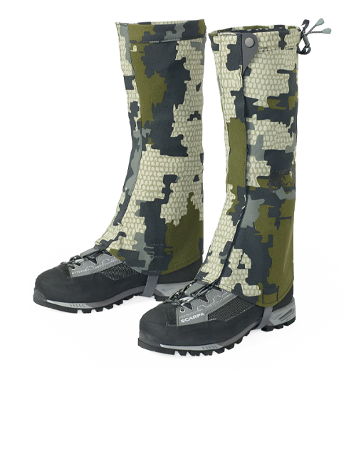 Front Side View of Kutana Storm Gaiters in Verde Camouflage
