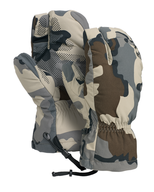 Image showing the exterior and palm grip pattern for a pair of Super Down PRO Glassing Glomitts in Vias camouflage