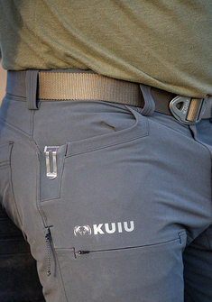 Close-up of KUIU Webbing Belt in Ash Brown worn through a pant belt.