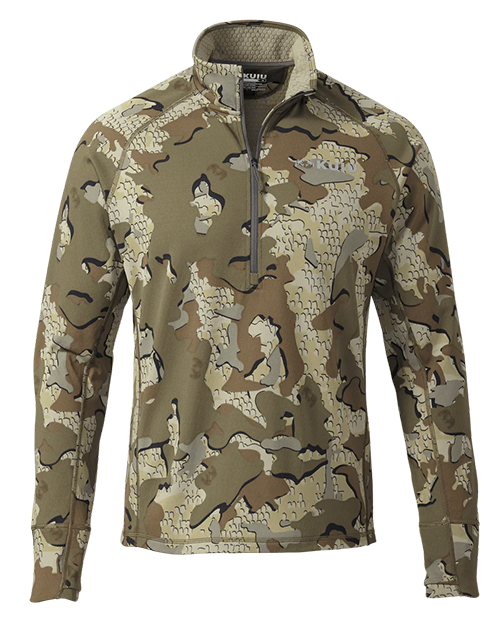 Front of KUIU's Encounter 200 Fleece Zip-T in Valo camouflage.