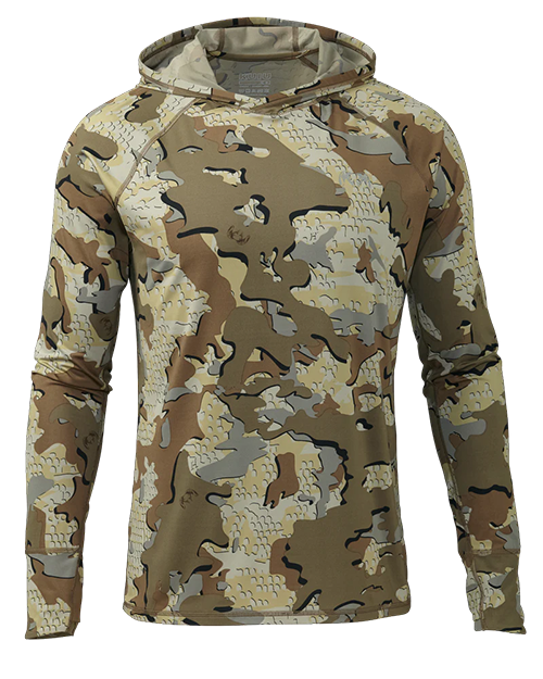 Front of KUIU's Gila Long Sleeve Hoodie in Valo camouflage.