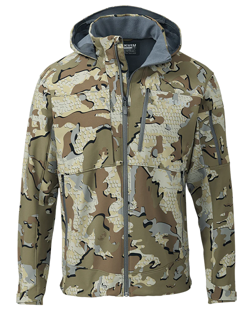Front of KUIU's Guide PRO Hooded Jacket in Valo camouflage.