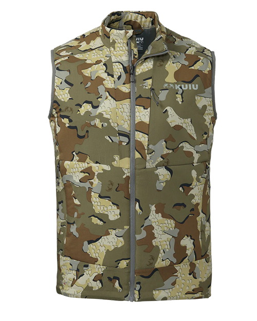 Front of KUIU's KENAI 3DEFX Vest in Valo camouflage.