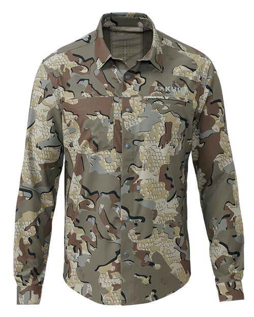 Front of KUIU's Mesa Vented Long Sleeve Snap Shirt in Valo camouflage.