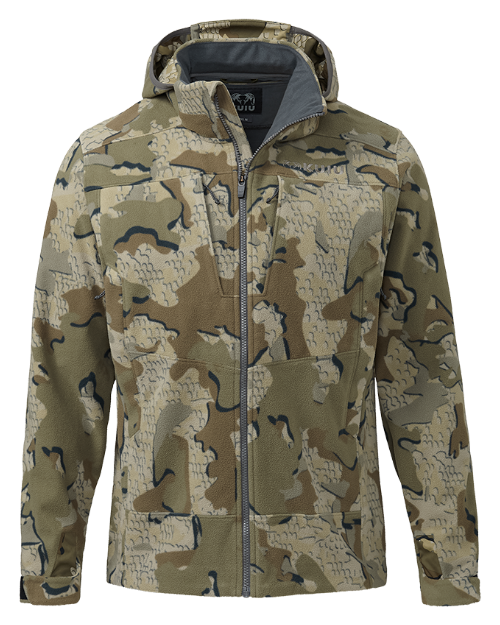 Front of KUIU Proximity LT Hooded Jacket in Valo Camouflage.