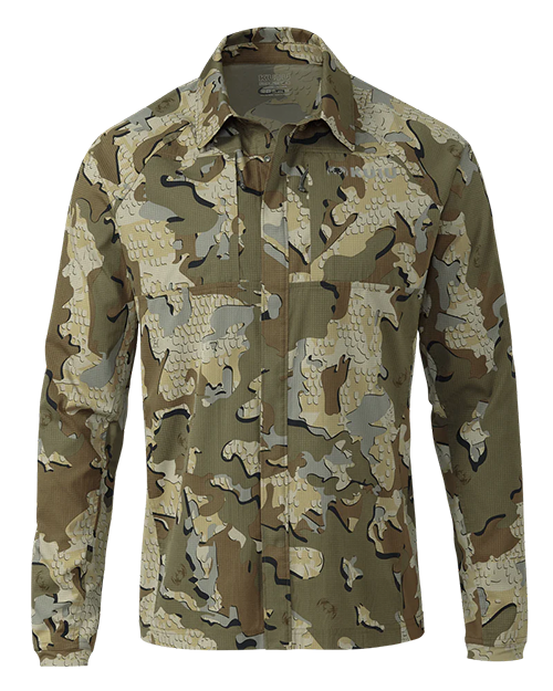 Front of KUIU's Tiburon Hybrid Snap Shirt in Valo camouflage.