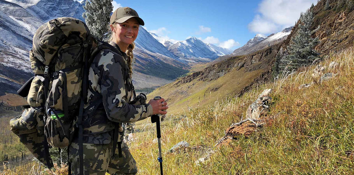 Side of Stephanie Lough Wearing Vias Camouflage in the BC Backcountry