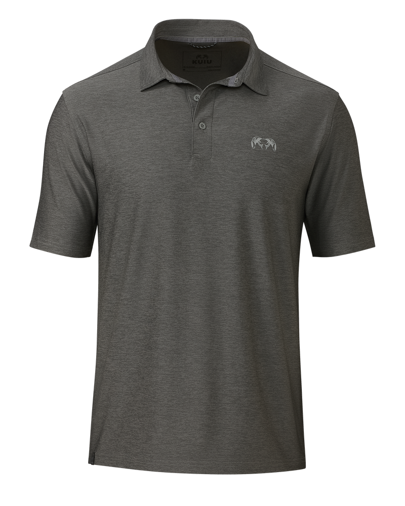 Front of KUIU Performance Polo in Heather Stone Grey