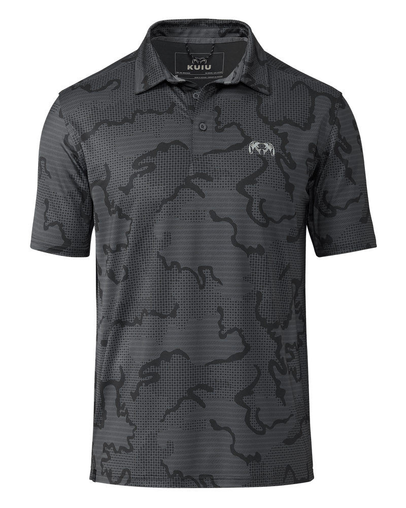 Front of KUIU Performance Polo Shirt in Gunmetal Grey Tonal Pattern