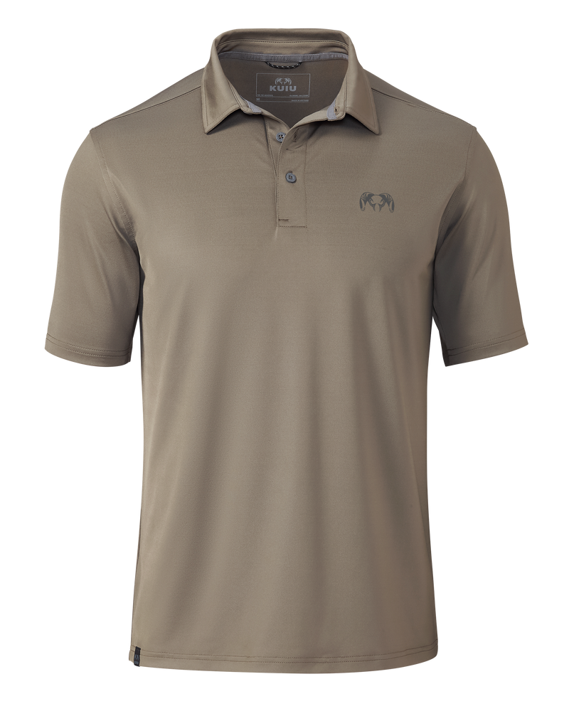 Front of KUIU Performance Polo in Silt Khaki