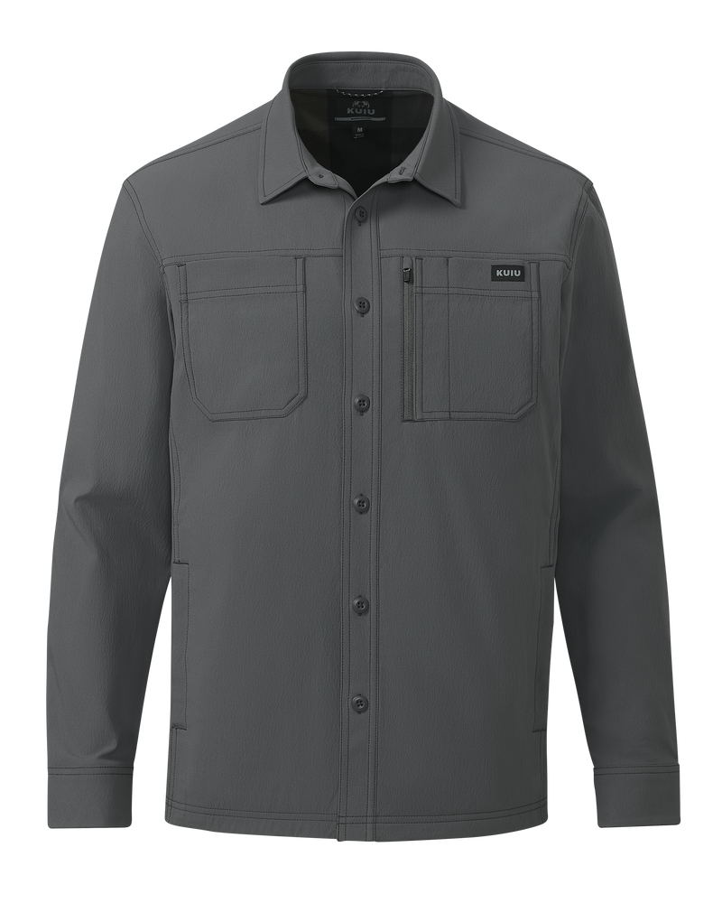 Front of Motive Flannel Lined Shirt Jacket in Gunmetal Grey