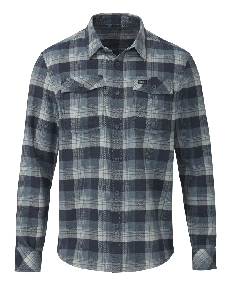 Front of Field Flannel Shirt in Flax Blockline Blue Grey