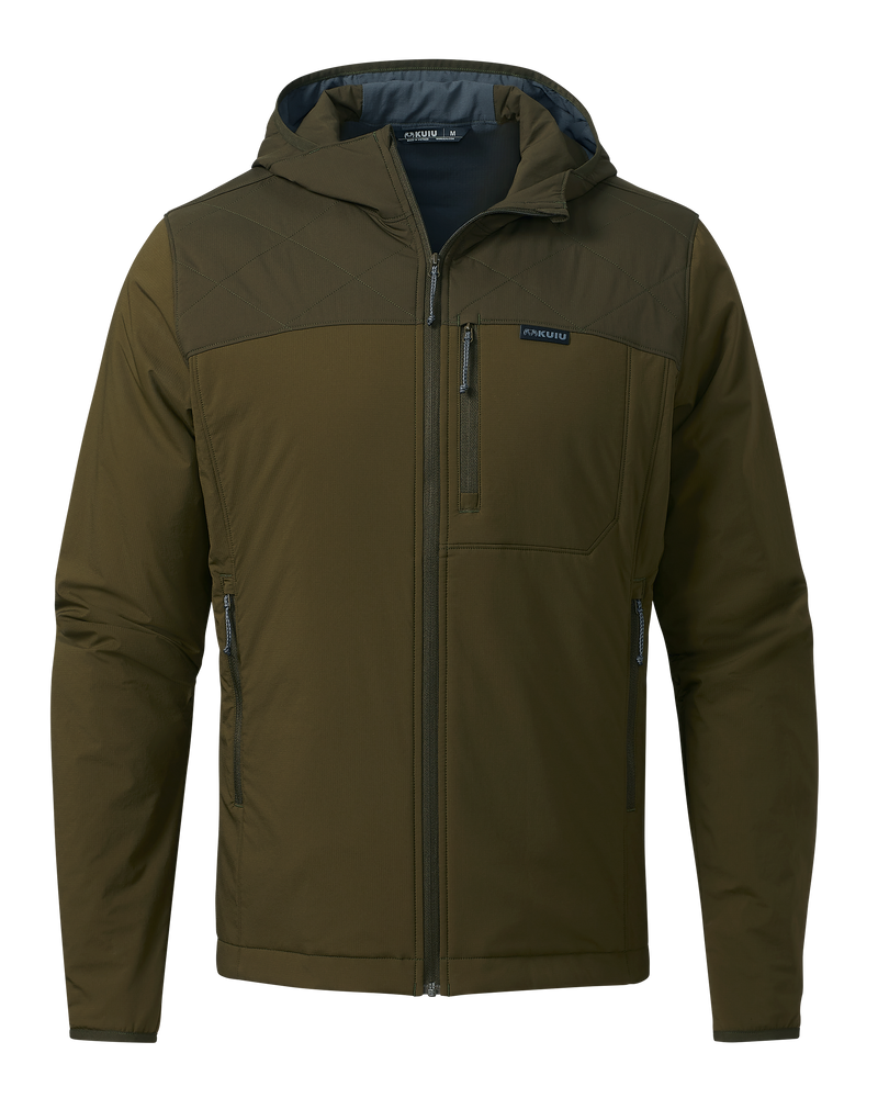 Front of Transit Packable Hooded Jacket in Dark Army/ Army Green