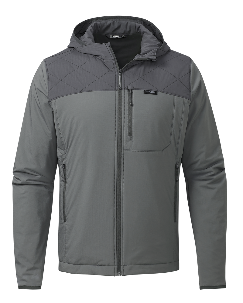 Front of Transit Packable Hooded Jacket in Gunmetal/Stone