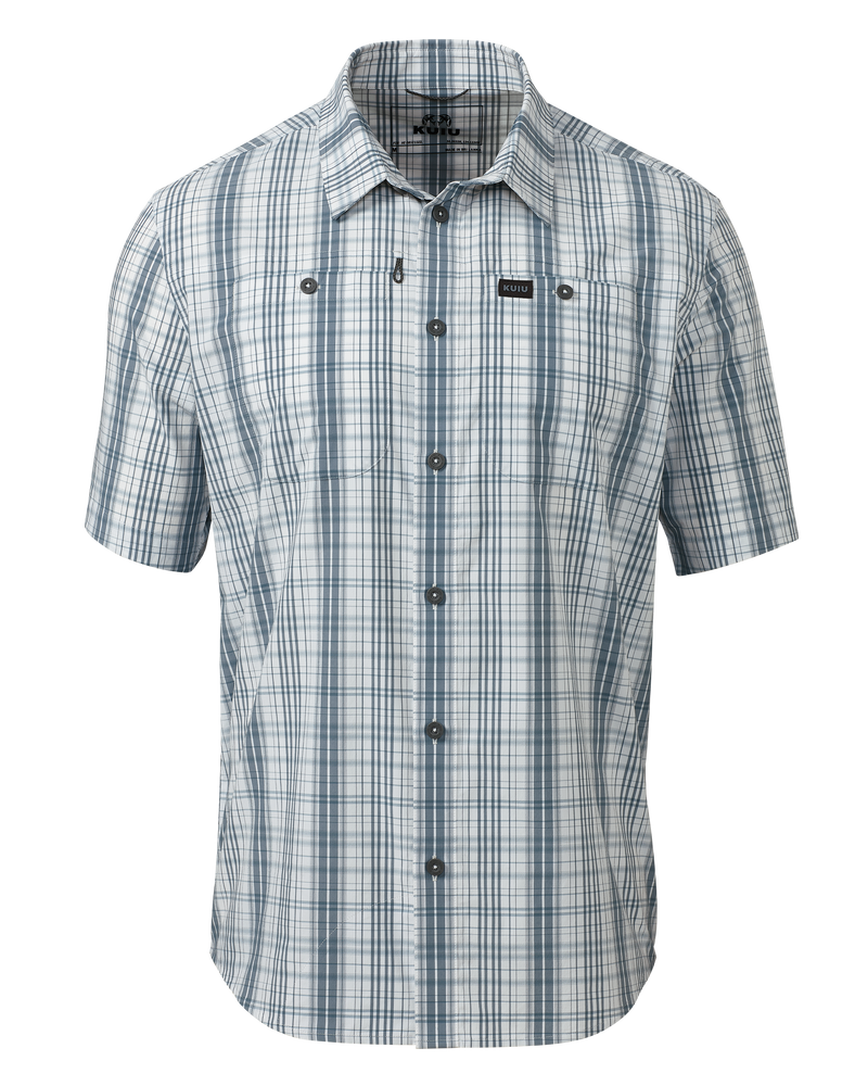 Front of Borrego SS Shirt in Blueish Grey Gravel Plaid 