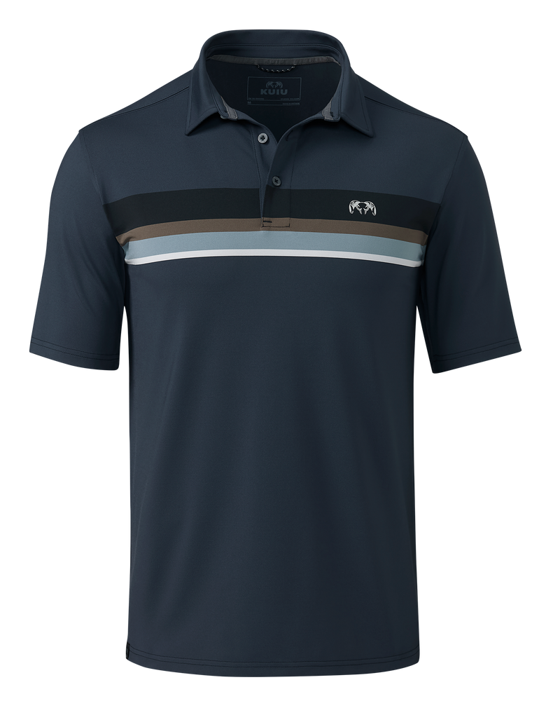 Front of KUIU Performance Polo Chest Stripe in Steel Blue Chest Stripe