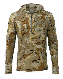 Front of ULTRA Merino 145 Zip-T Hunting Hooded Shirt in Valo Camouflage