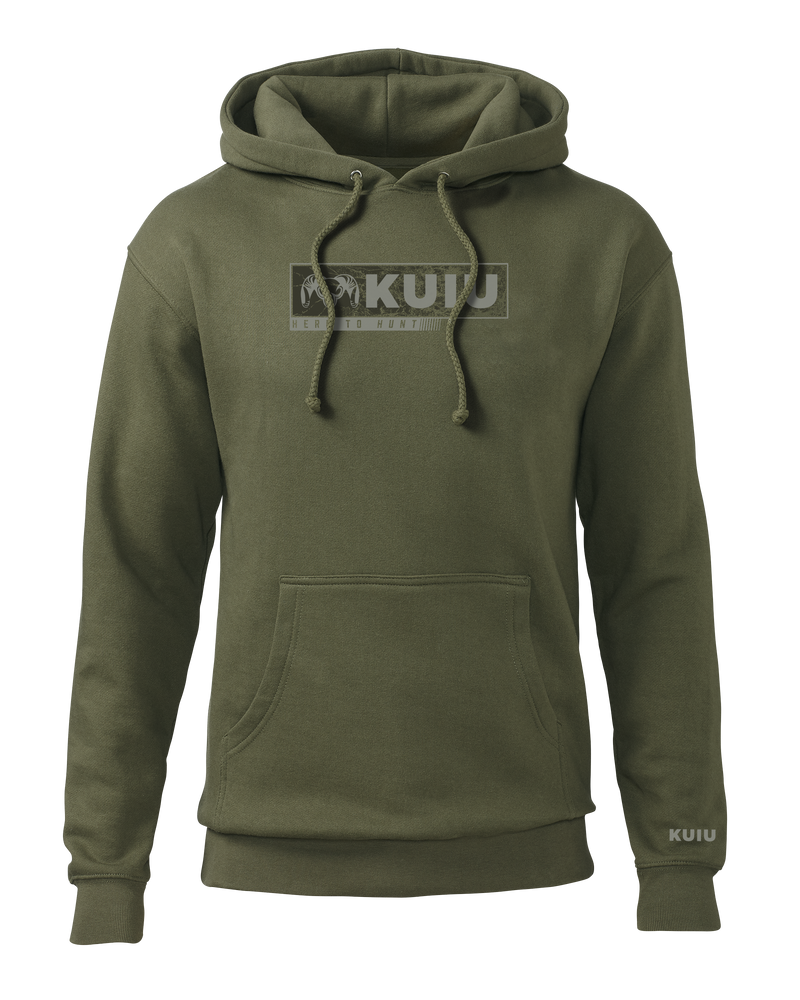 Front of KUIU Here to Hunt Gritstone Hoodie in Army Green