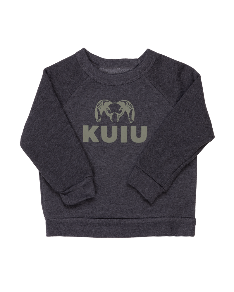 Front of Toddler Stacked Logo Crewneck Sweatshirt in Charcoal Gray with Olive Color Logo