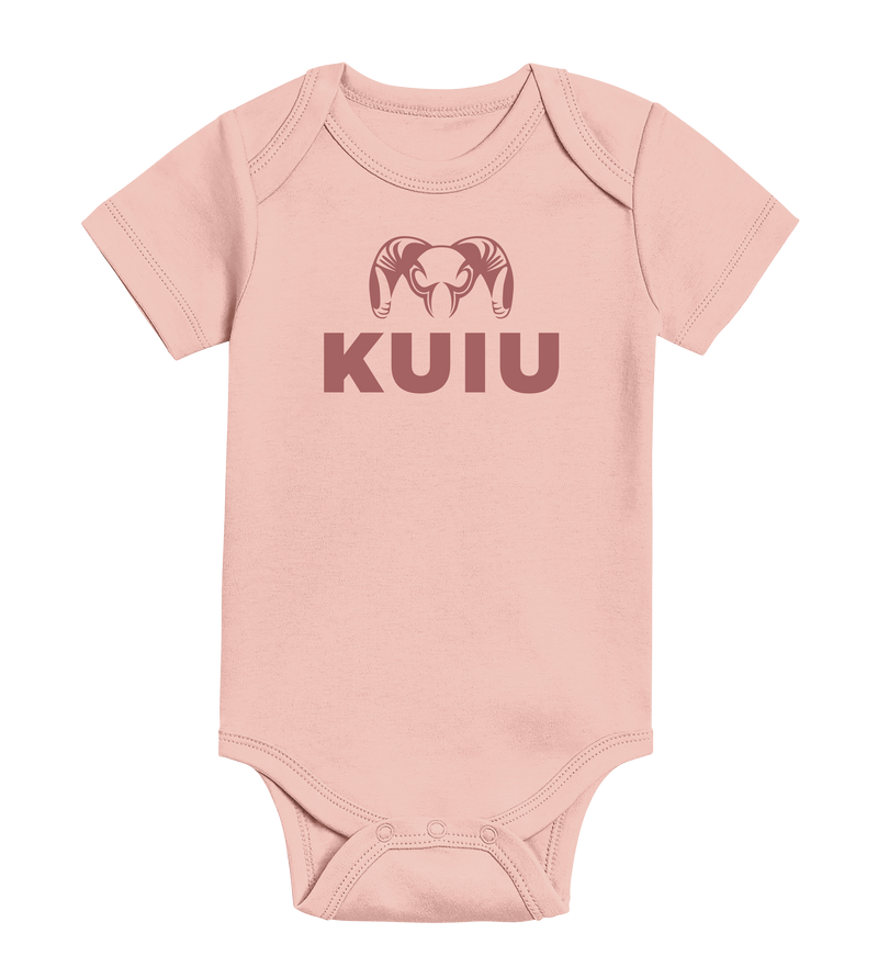 Front of KUIU Stacked Logo Baby One-Piece in Ballet Blush Pink 