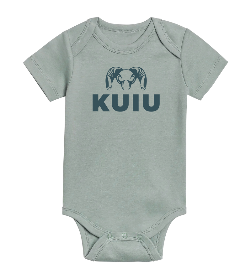Front of KUIU Stacked Logo Baby One-Piece in Tide Blue