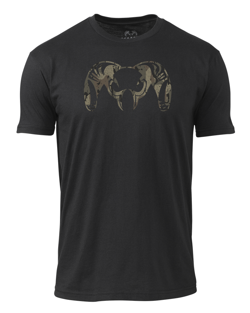 Front of Black KUIU Camo Big Ram T-Shirt in Veros Camo Pattern