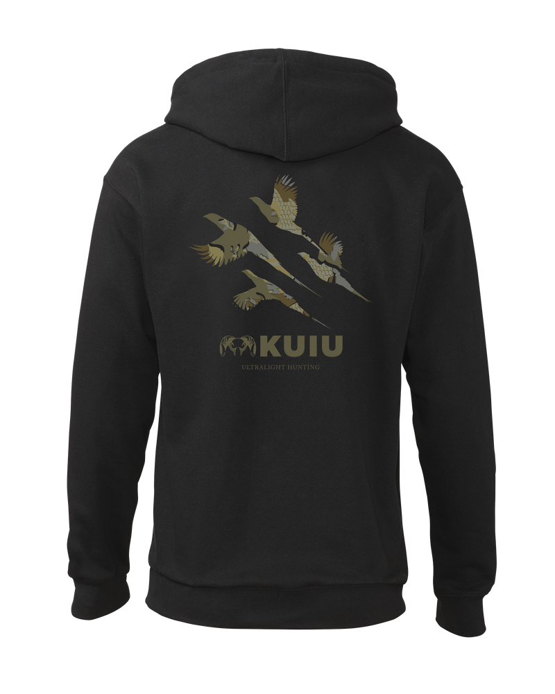 Back of KUIU Valo Upland Hoodie in Black