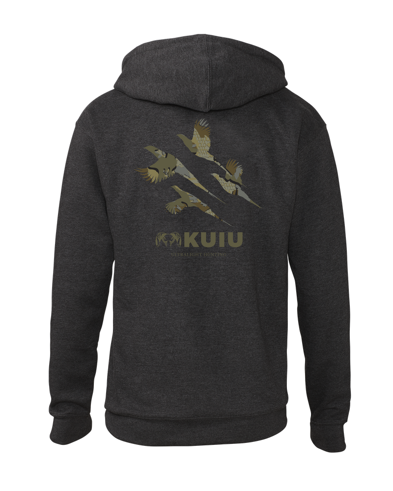 Back of KUIU Valo Upland Hoodie in Charcoal Grey