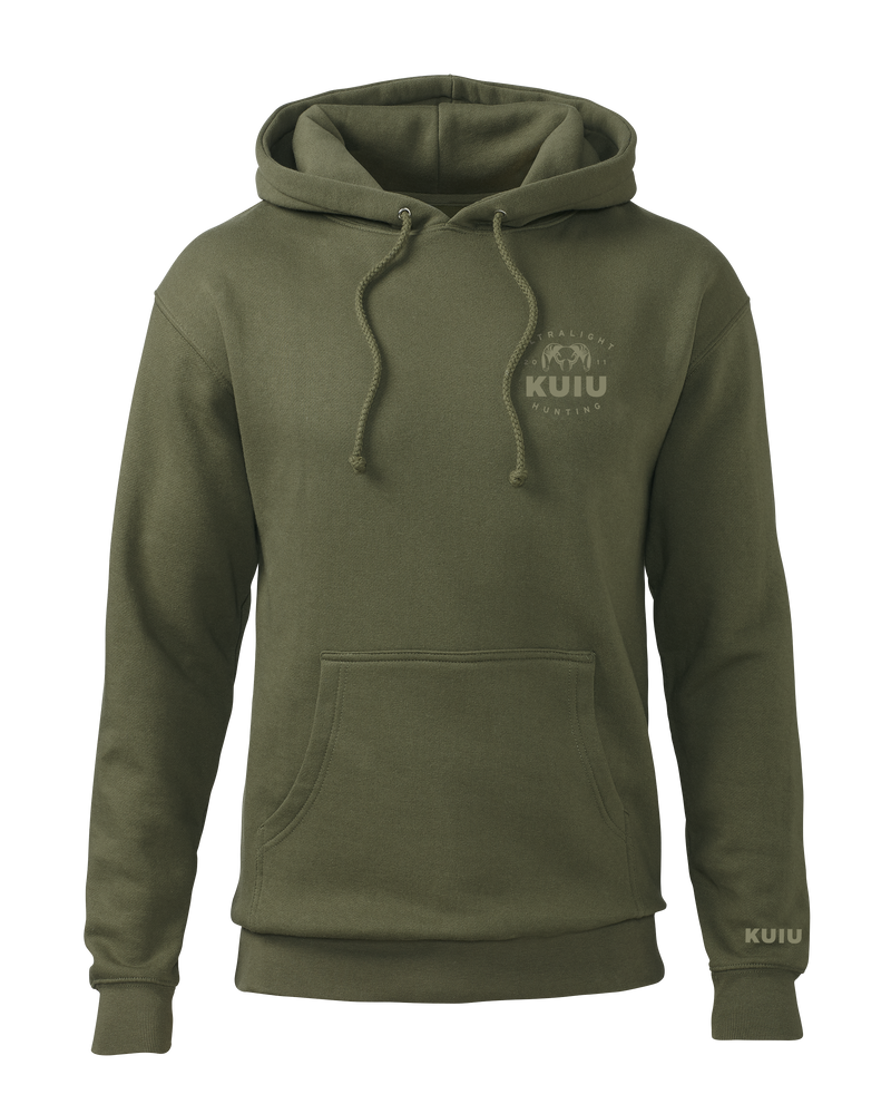 Front of KUIU Ultralight Chest Logo Hoodie in Army Green