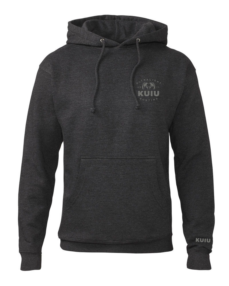 Front of KUIU Ultralight Chest Logo Hoodie Charcoal Grey