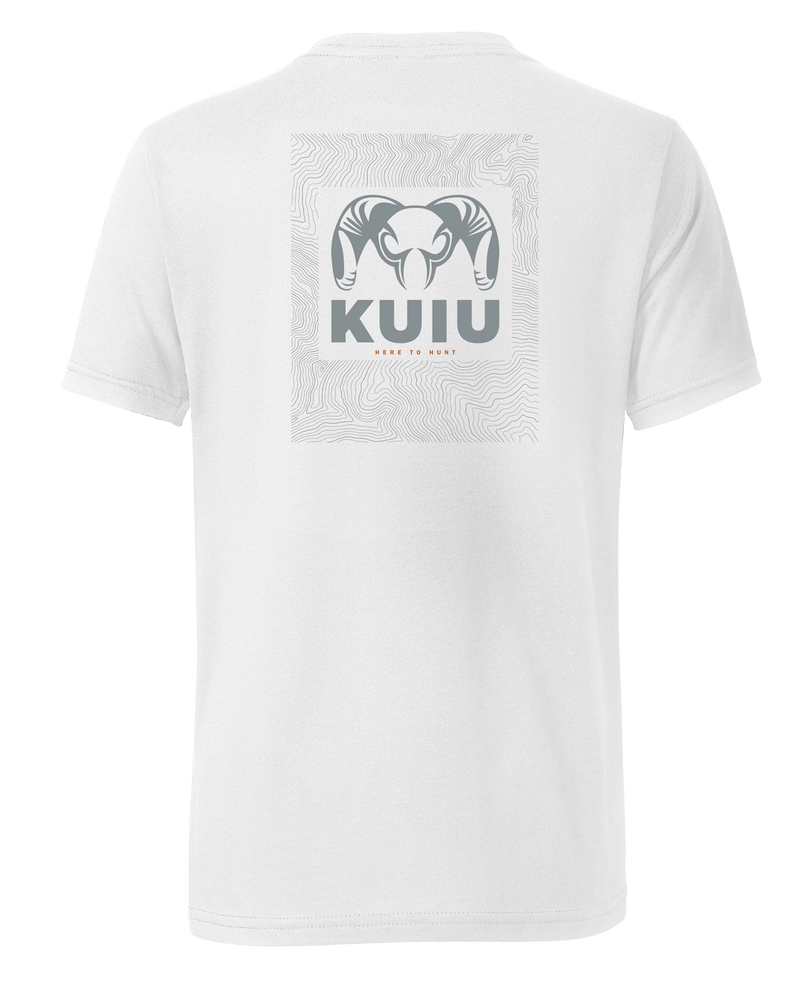Back of KUIU Youth Topo Back Logo T-Shirt in White
