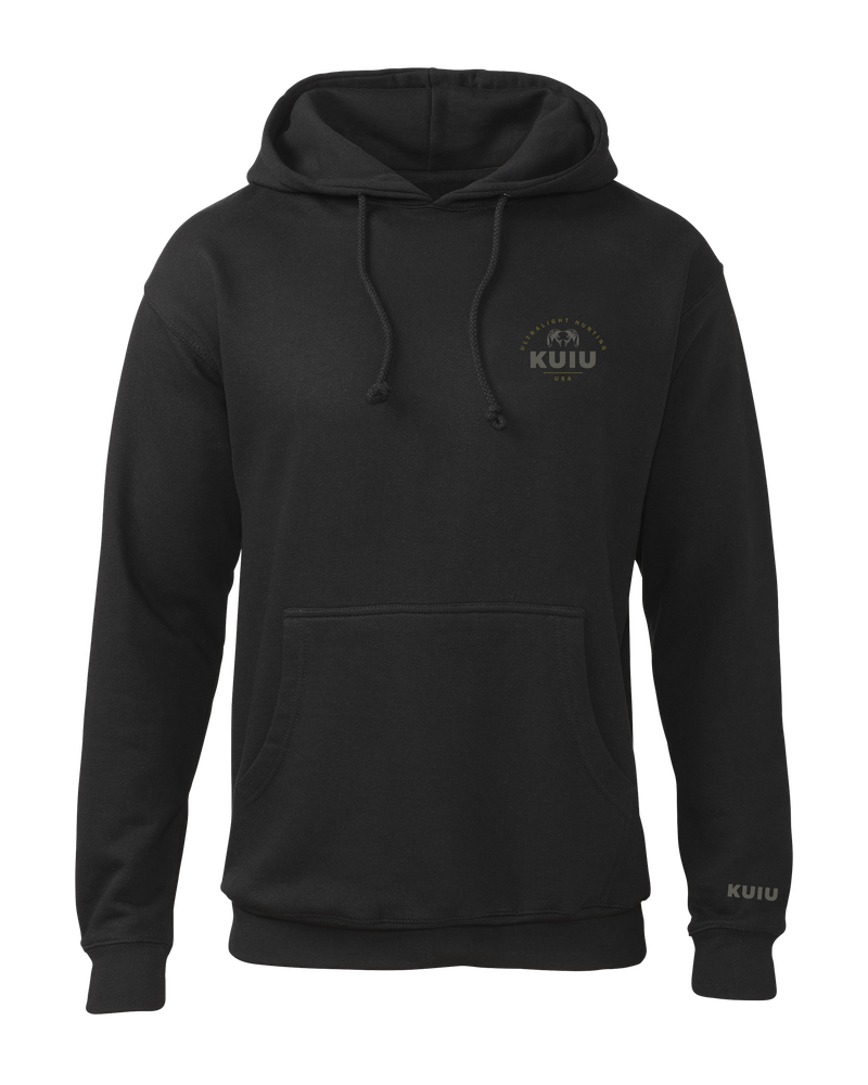 Front of KUIU Stacked Chest Logo Hoodie in Black