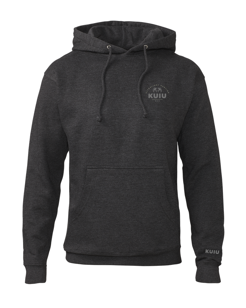 Front of KUIU Stacked Chest Logo Hoodie in Charcoal Grey