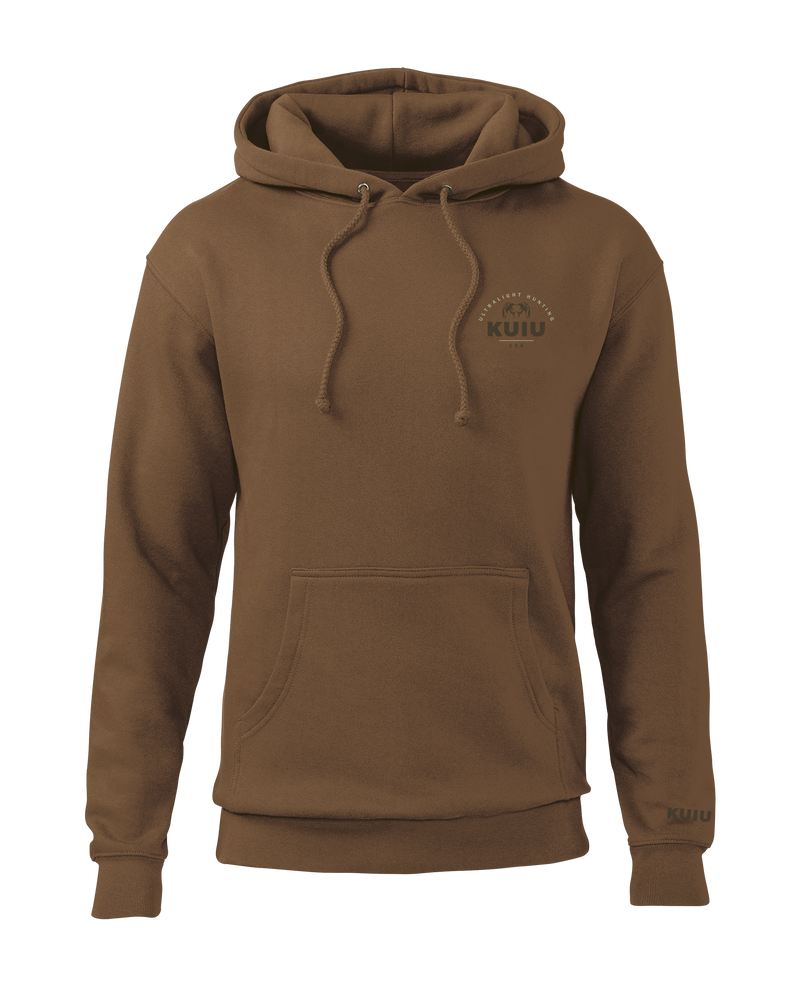 Front of KUIU Stacked Chest Logo Hoodie in Saddle Brown