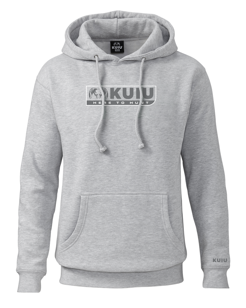 Front of KUIU Here to Hunt Hoodie in Heather Grey