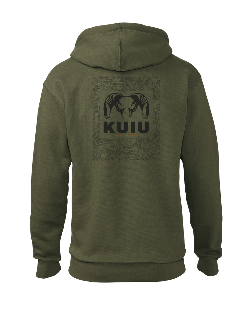 Back of KUIU Topo Back Logo Hoodie in Army Green