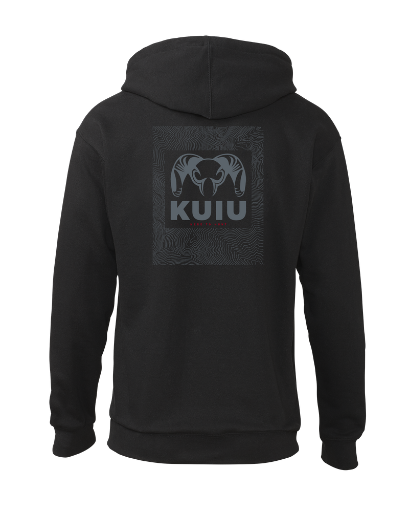 Back of KUIU Topo Back Logo Hoodie in Black