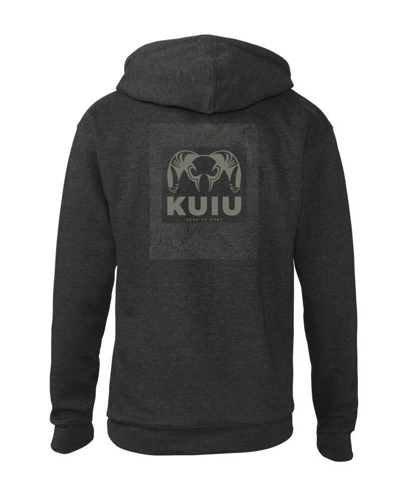 Back of KUIU Topo Back Logo Hoodie in Charcoal Grey