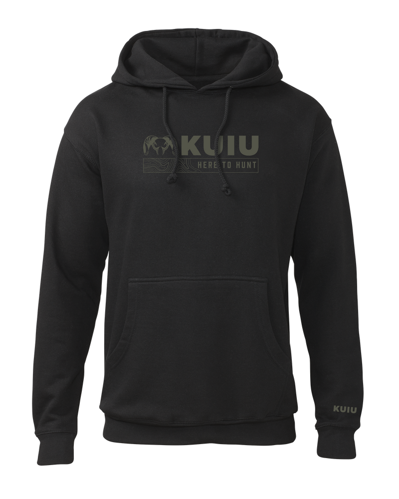 Front of KUIU Topo Here to Hunt Hoodie in Black