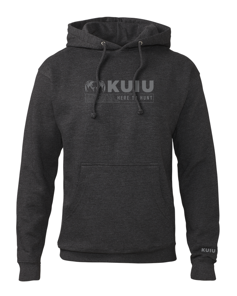Front of KUIU Topo Here to Hunt Hoodie in Charcoal Grey