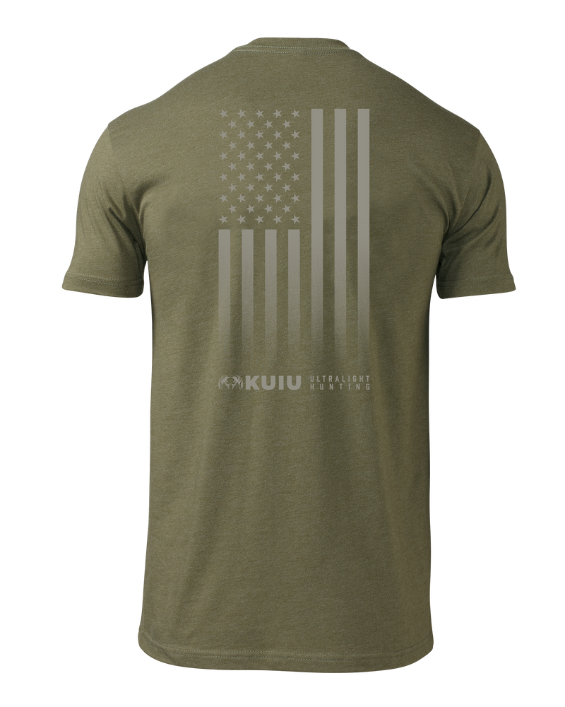 Back of KUIU Vertical Flag Logo T-Shirt in Military Green