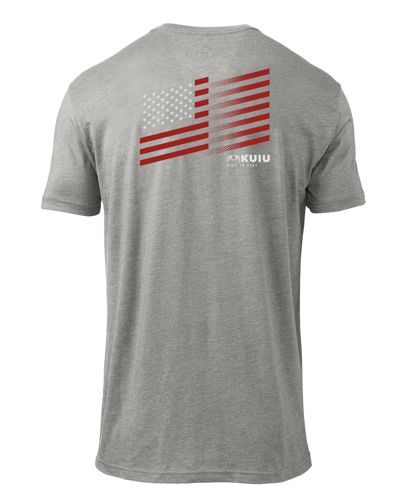 Back of KUIU Retro Flag Fade T-Shirt in Heather Grey