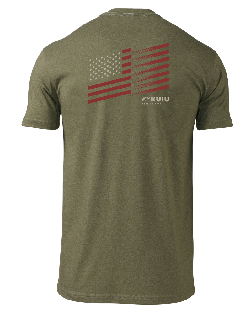 Back of KUIU Retro Flag Fade T-Shirt in Military Green