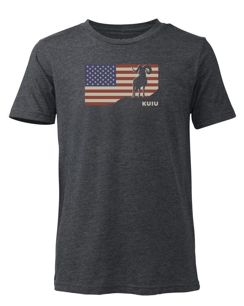 Front of Youth Ram Flag T-Shirt in Charcoal Grey