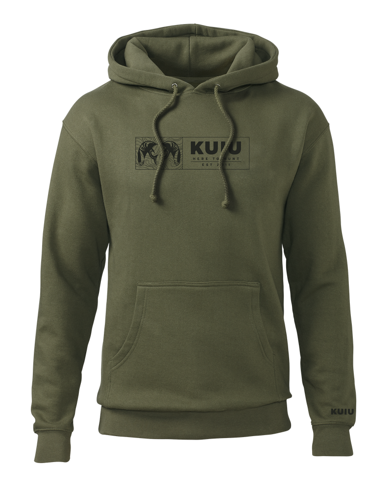 Front of KUIU Topo Block Hoodie in Army Green